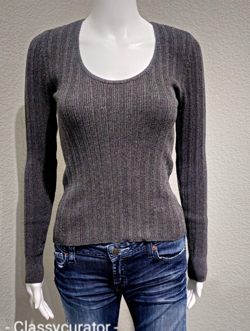WHBM Sparkly Ribbed Scoop Neck Women's Sweater - Gray